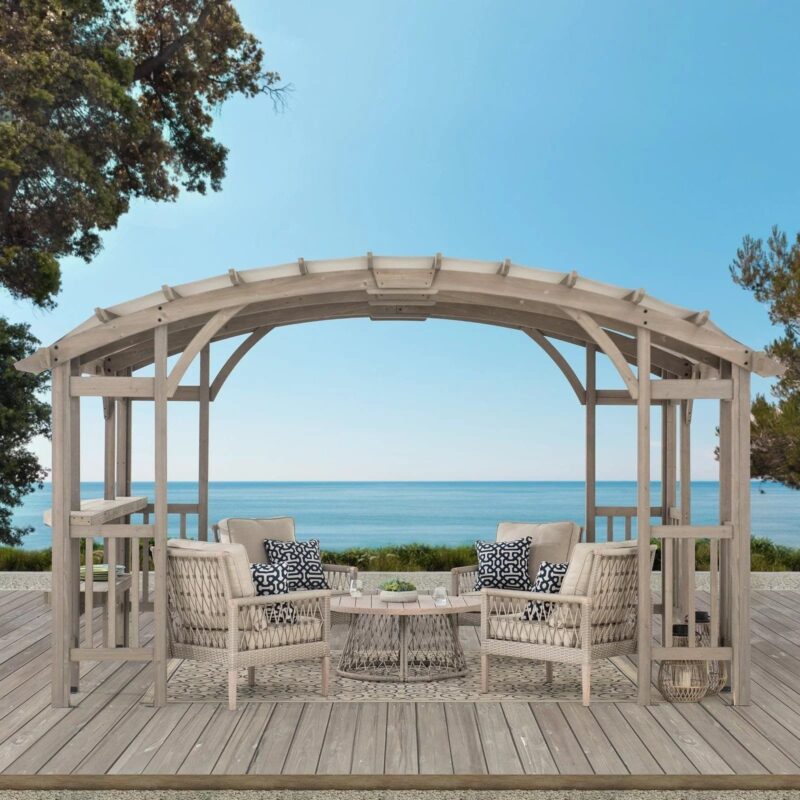 SummerCove 10 ft. x 14 ft. Light Gray Cedar Frame Arched Pergola with Shelves